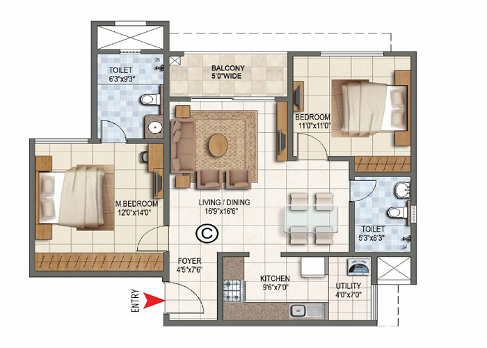 Prestige Palm Court 2 BHK Floor Plan