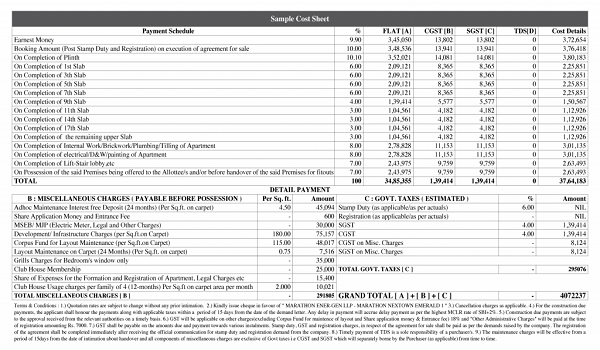 Prestige Palm Court Cost Sheet