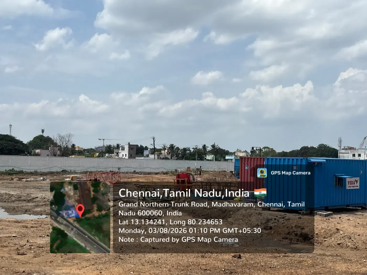 Prestige Palm Court site preparation with Veda Pile piling contractor cabins and cleared ground for foundation works, GPS-stamped Madhavaram, August 2026